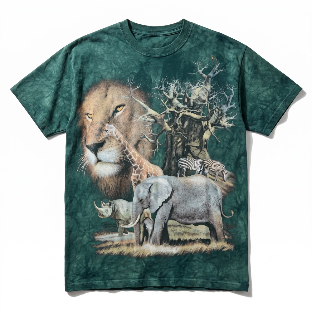 The Mountain Safari T Shirt Mens XL Green Tie Dye Lion Elephant Rhino‎